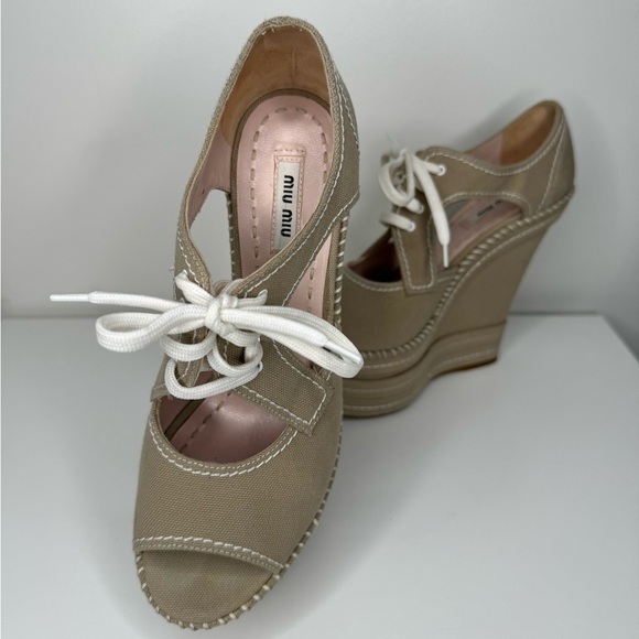 Miu Miu Beige Canvas Platform Shoes - Size 38 - Picture 1 of 7
